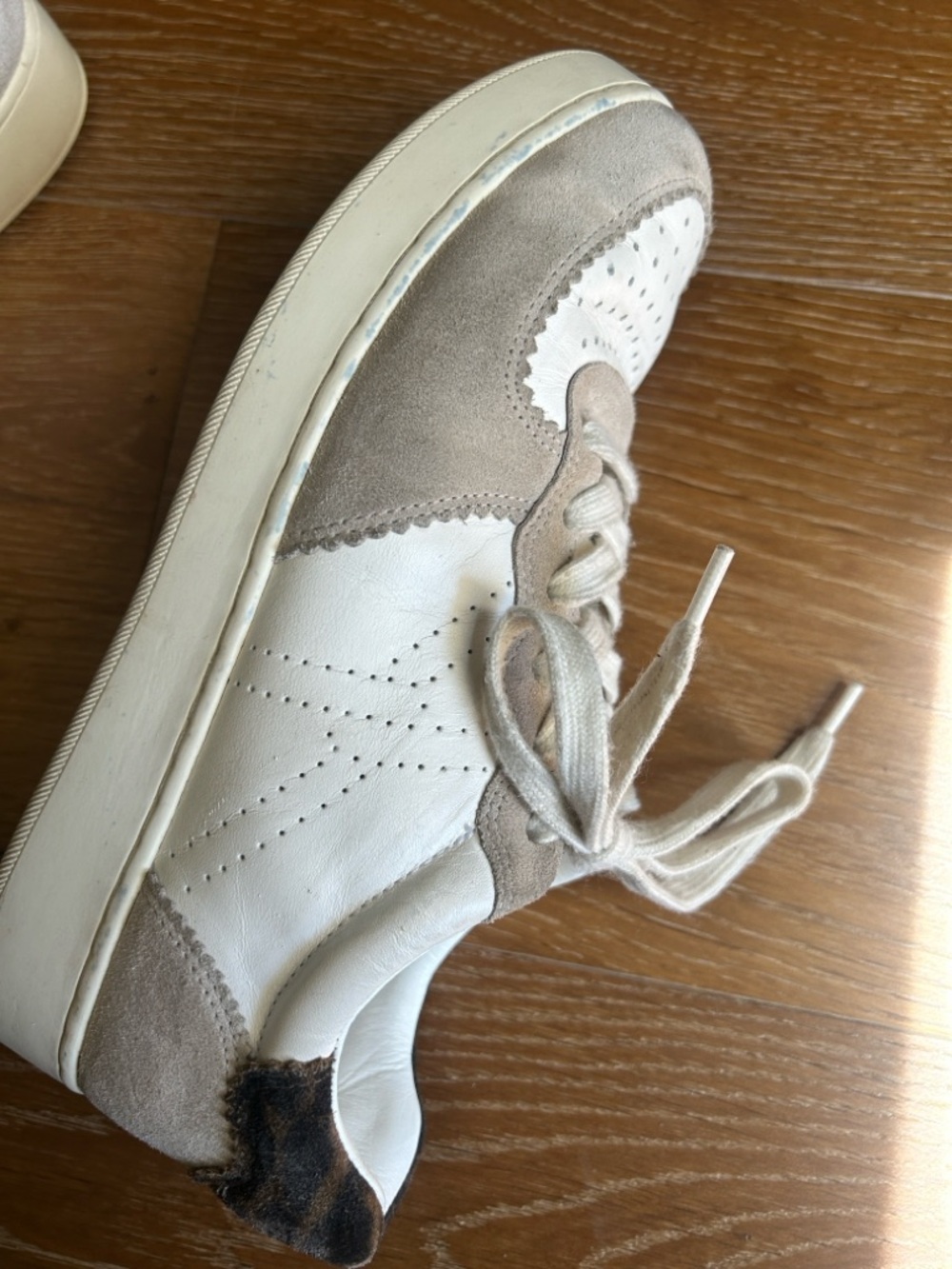 Veronica Beard Lennox White Leather and Taupe Suede-Trim Sneakers -Leopard Print - Picture 6 of 11